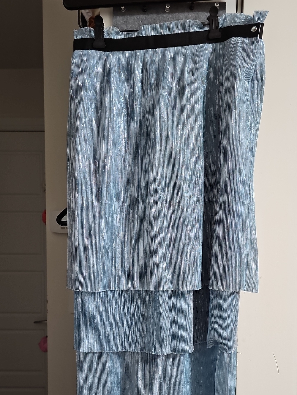 Maje Light Blue Tiered Pleated Maxi Skirt with Black Waist Trim